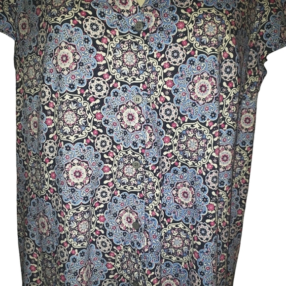Loft Medallion Print Button Front Drop Waist Ruffle Flounce Mini Swing Dress L - Picture 9 of 16